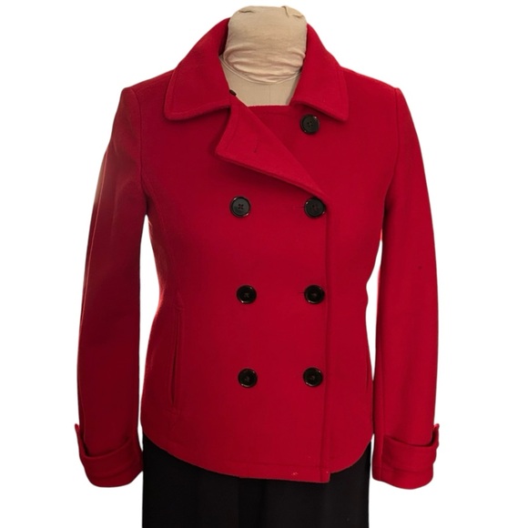Banana Republic Red Wool Blend Fully Lined Classic Pea Coat Size Small Preppy - Picture 1 of 14